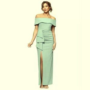 Xscape Women's Sage Green Ruched Off the Shoulder Crepe Gown Dress